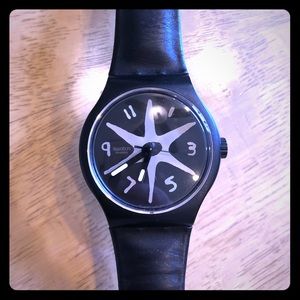 Swatch watch large face with black leather band